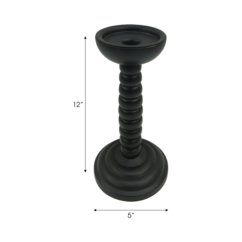 12x5" Stacked Pillar & Taper Holder, Black - Al Rugaib Furniture