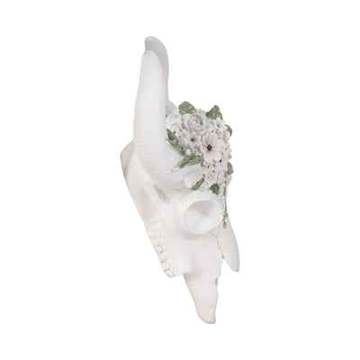 13" Bull Skull With White Flowers, White - Al Rugaib Furniture