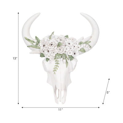 13" Bull Skull With White Flowers, White - Al Rugaib Furniture