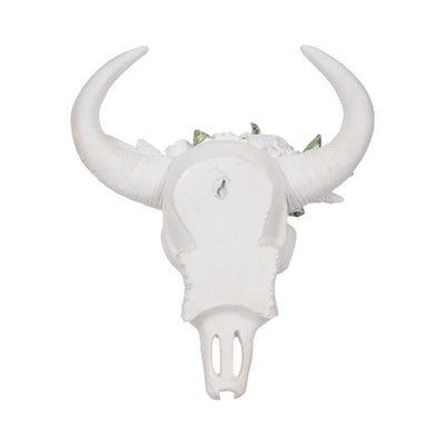 13" Bull Skull With White Flowers, White - Al Rugaib Furniture