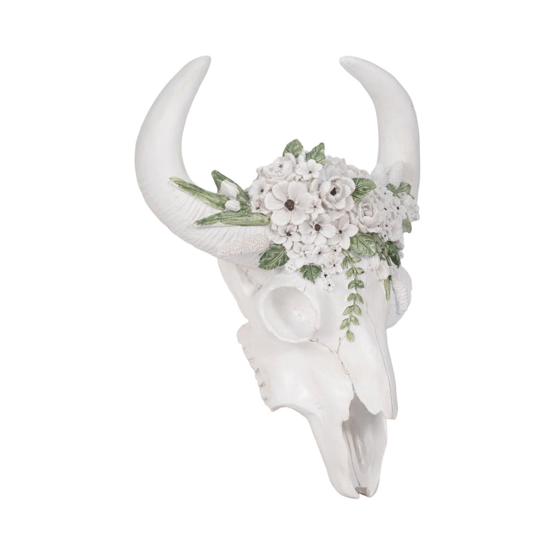 13" Bull Skull With White Flowers, White - Al Rugaib Furniture