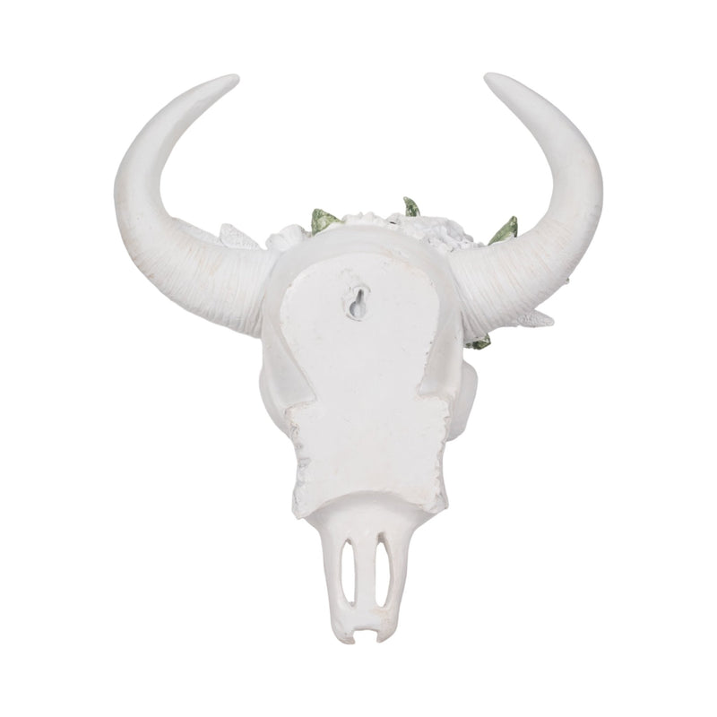 13" Bull Skull With White Flowers, White - Al Rugaib Furniture