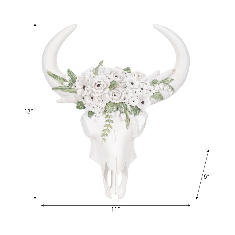 13" Bull Skull With White Flowers, White - Al Rugaib Furniture
