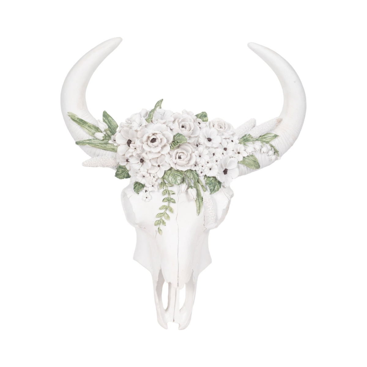 13" Bull Skull With White Flowers, White Wall Shelf| Sagebrook Home
