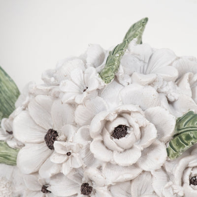 13" Bull Skull With White Flowers, White - Al Rugaib Furniture