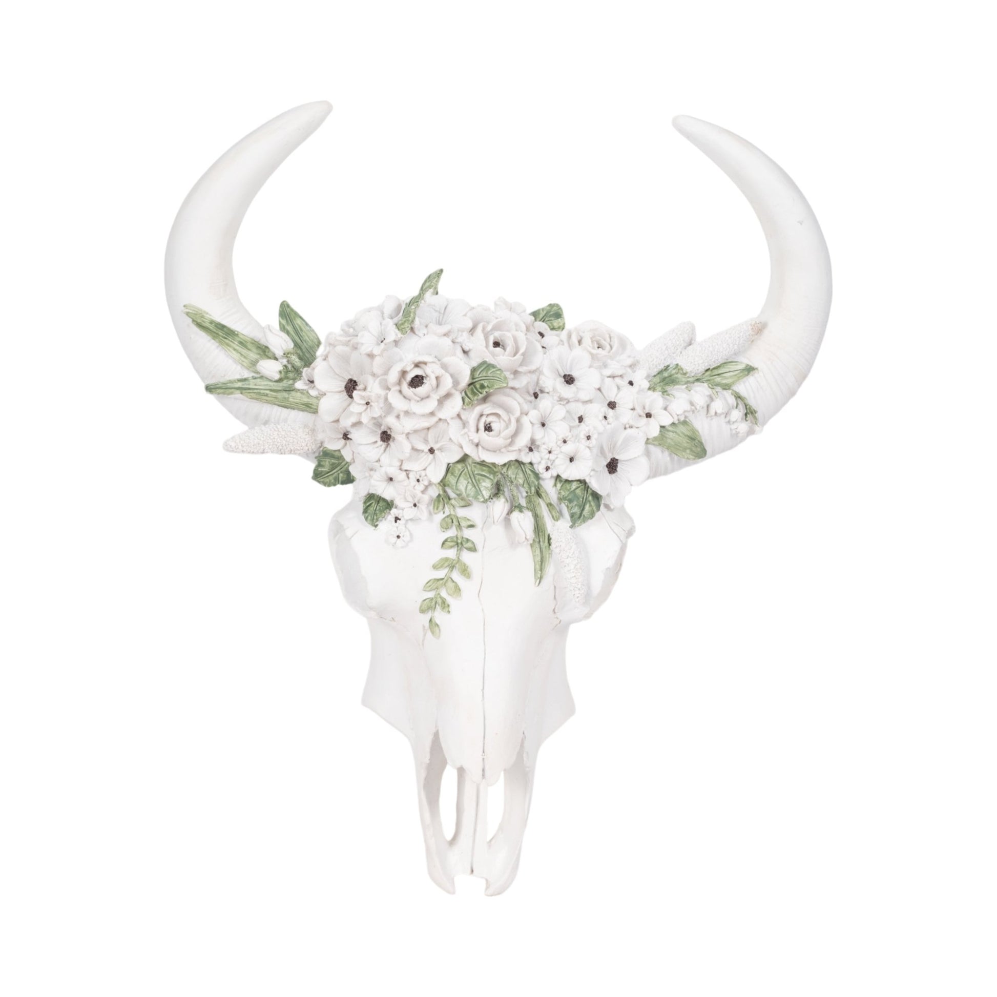 13" Bull Skull With White Flowers, White Wall Shelf| Sagebrook Home