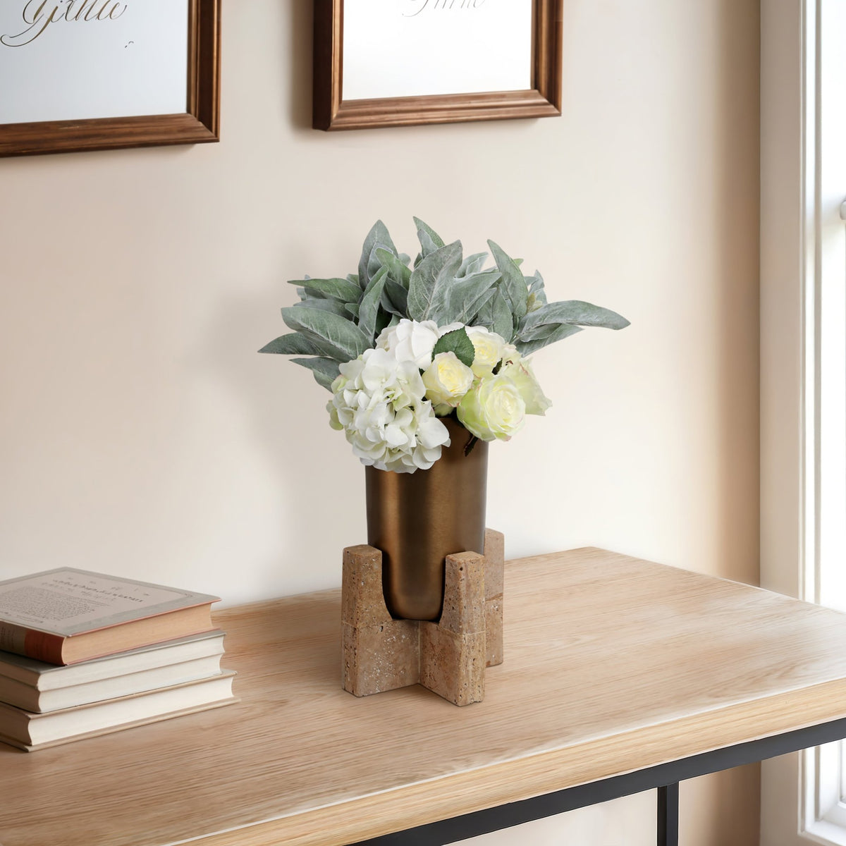 13" Fridley Small Vase With Travertine Base Vases and Jars| Sagebrook Home