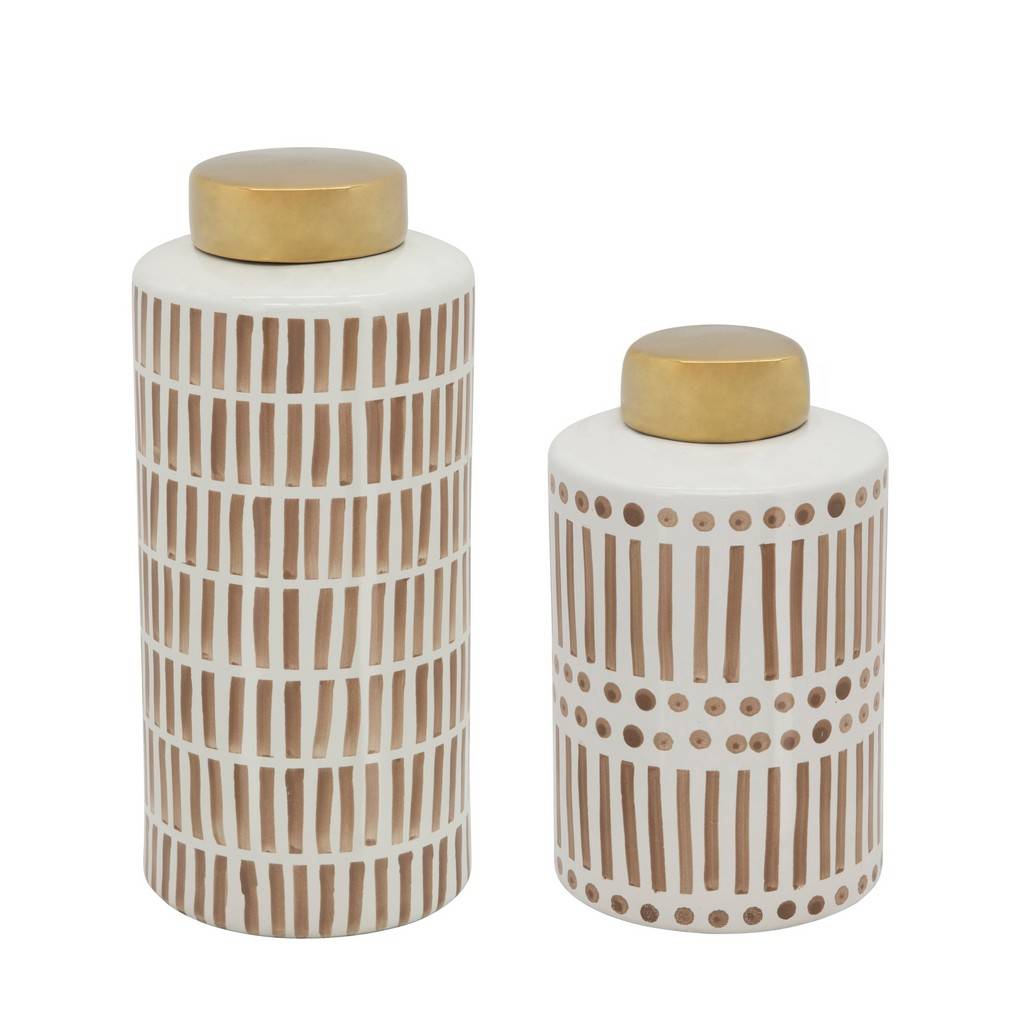 13" JAR W/ GOLD LID, TAN Vases and Jars| Sagebrook Home