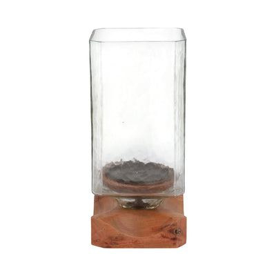 13" Jarvie Lrge Wood & Glass Candle Hurricane,brwn - Al Rugaib Furniture