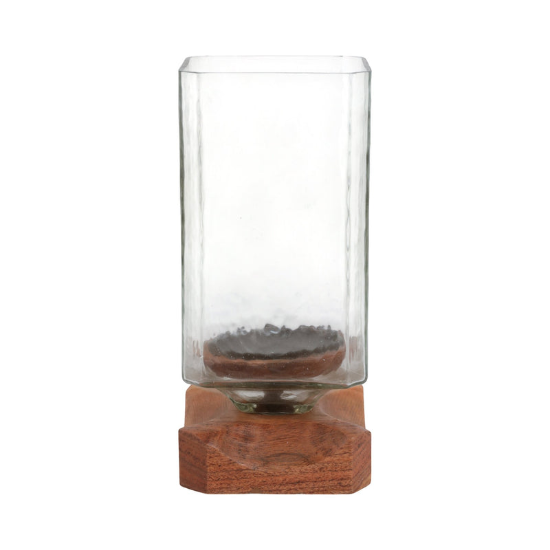 13" Jarvie Lrge Wood & Glass Candle Hurricane,brwn - Al Rugaib Furniture