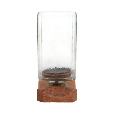 13" Jarvie Lrge Wood & Glass Candle Hurricane,brwn - Al Rugaib Furniture