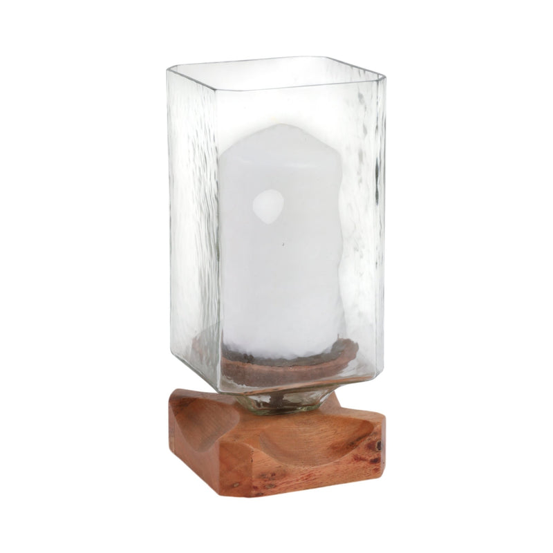 13" Jarvie Lrge Wood & Glass Candle Hurricane,brwn - Al Rugaib Furniture