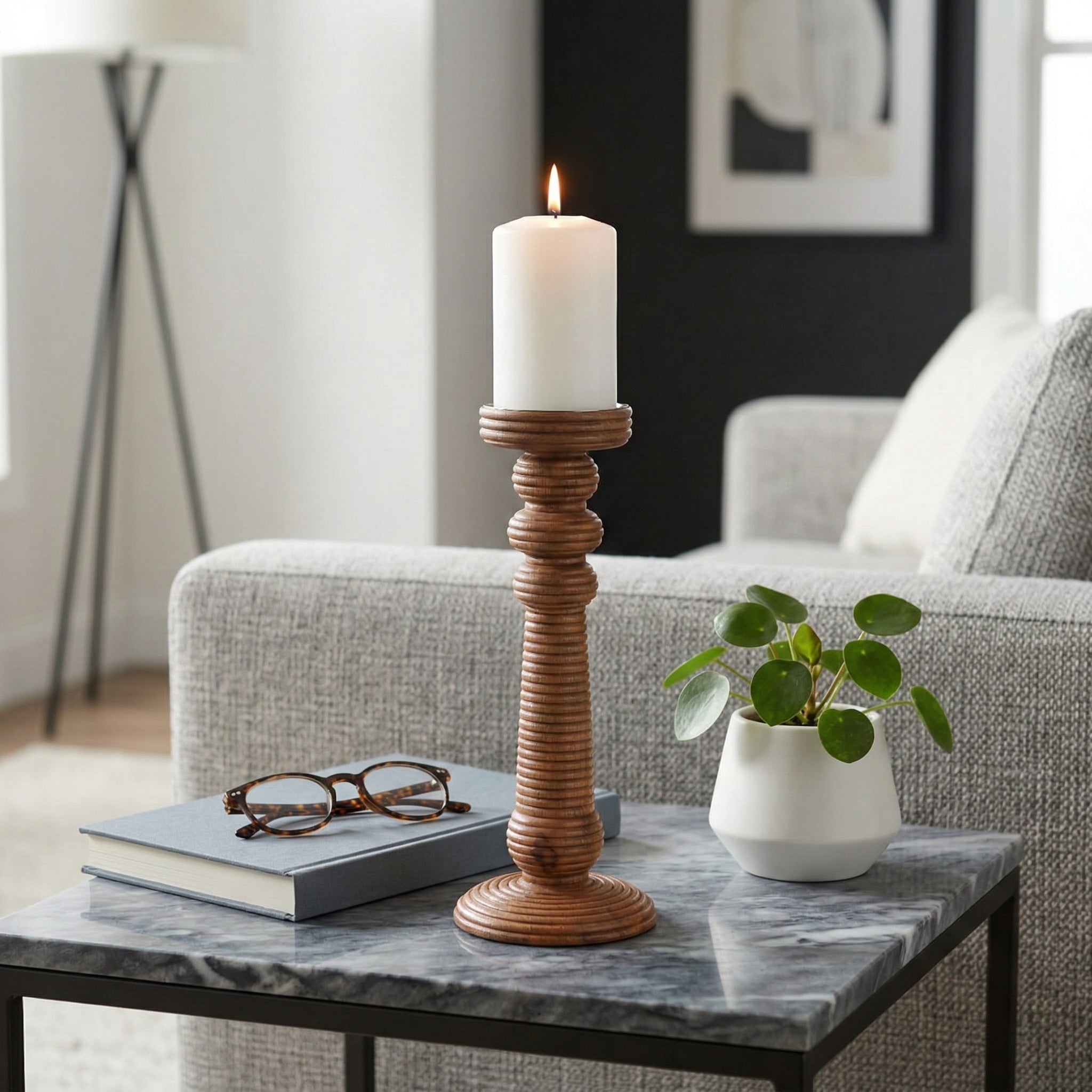 13x6" Ribbed Mango Wood Pillar Holder, Natural Candle Holders| Sagebrook Home