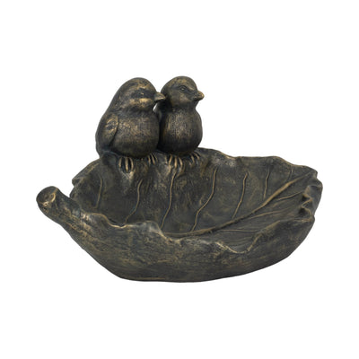14" 2 Birds Perched On Leaf Birdfeeder, Bronze - Al Rugaib Furniture