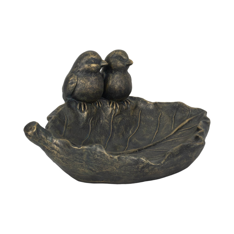 14" 2 Birds Perched On Leaf Birdfeeder, Bronze - Al Rugaib Furniture