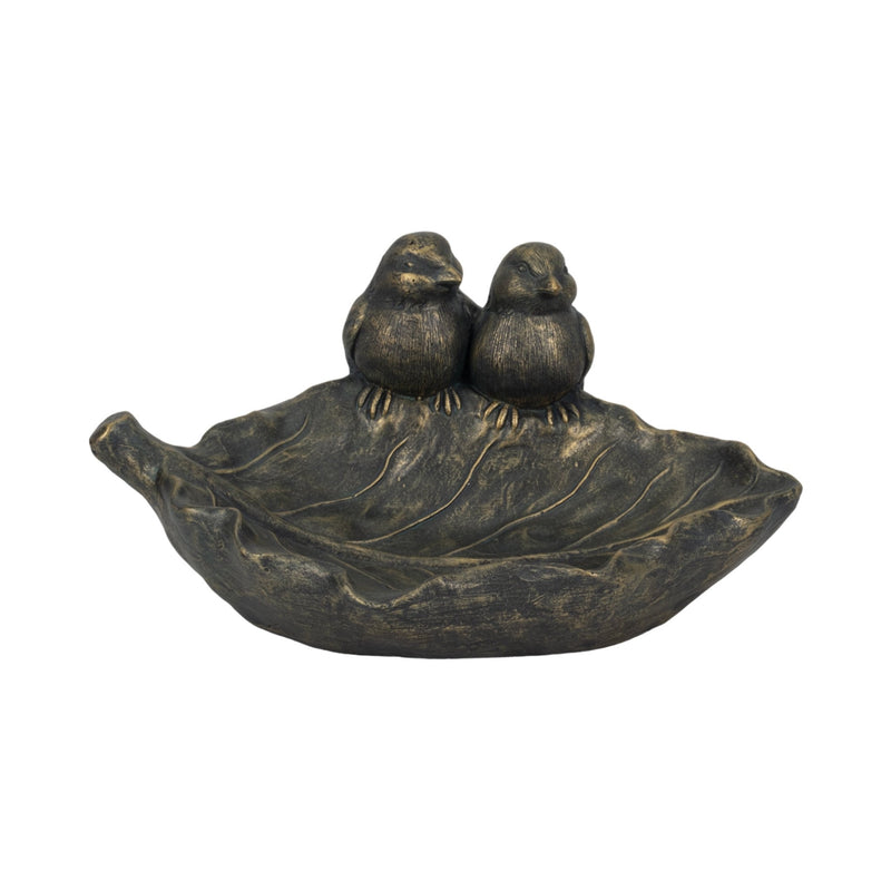 14" 2 Birds Perched On Leaf Birdfeeder, Bronze - Al Rugaib Furniture