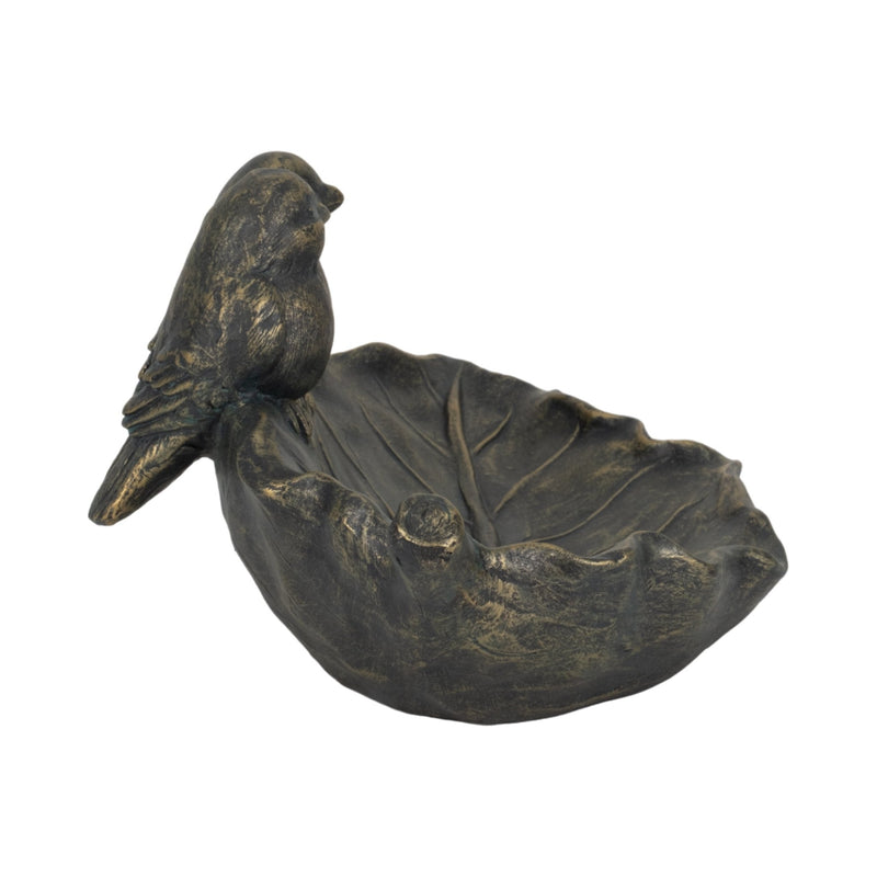 14" 2 Birds Perched On Leaf Birdfeeder, Bronze - Al Rugaib Furniture