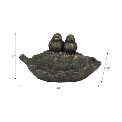 14" 2 Birds Perched On Leaf Birdfeeder, Bronze - Al Rugaib Furniture