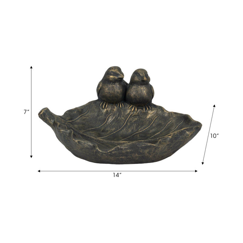 14" 2 Birds Perched On Leaf Birdfeeder, Bronze - Al Rugaib Furniture