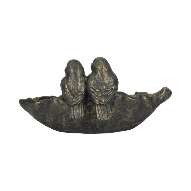 14" 2 Birds Perched On Leaf Birdfeeder, Bronze - Al Rugaib Furniture