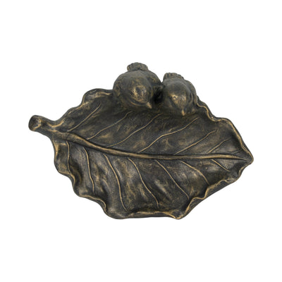 14" 2 Birds Perched On Leaf Birdfeeder, Bronze - Al Rugaib Furniture