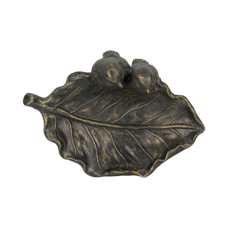 14" 2 Birds Perched On Leaf Birdfeeder, Bronze - Al Rugaib Furniture