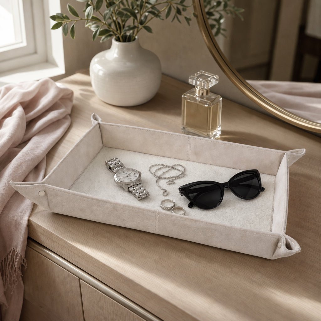 14" Girad Cream Suede And Hair On Hide Tray Tray| Sagebrook Home