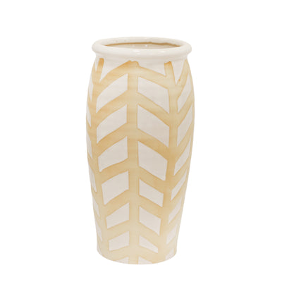 CERAMIC CHEVRON VASE 14, WHITE/BEIGE