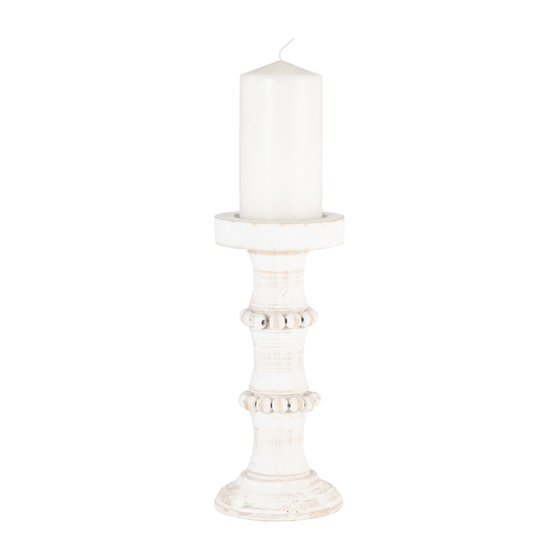 WOOD, 11" ANTIQUE STYLE CANDLE HOLDER, WHITE