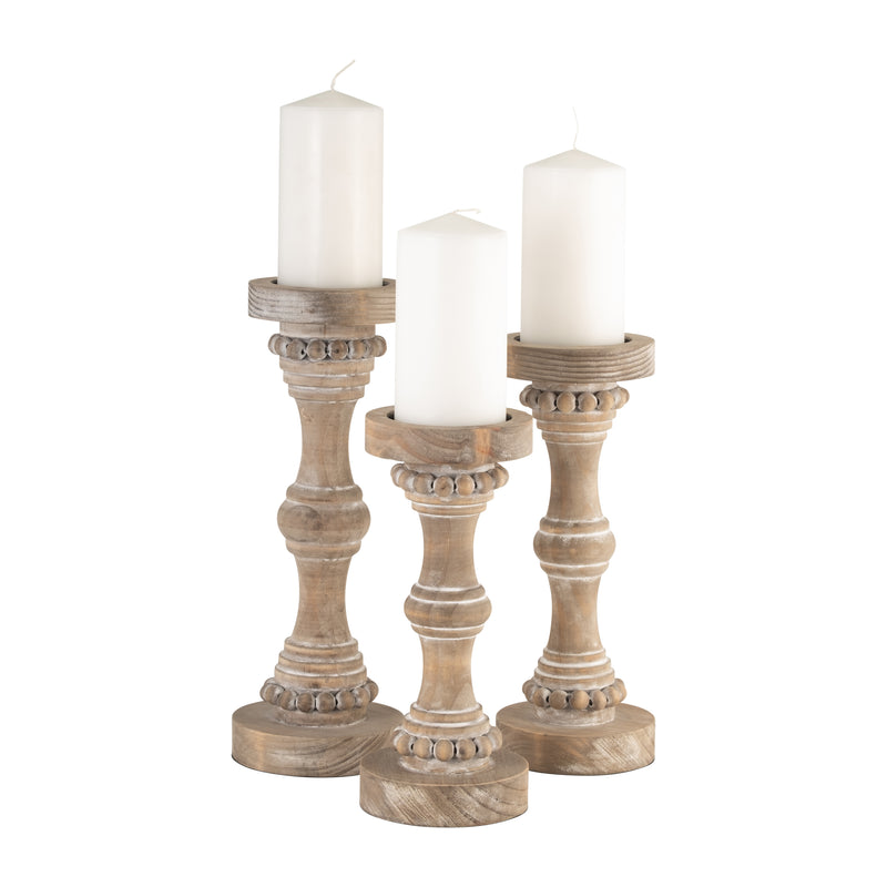 Wood, 13" Banded Bead Candle Holder, Antique White