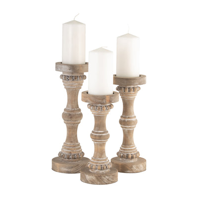 Wood, 11" Banded Bead Candle Holder, Antique White