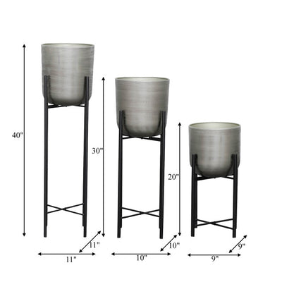 S/3 METAL PLANTERS ON STAND 40/30/20"H, SILVER