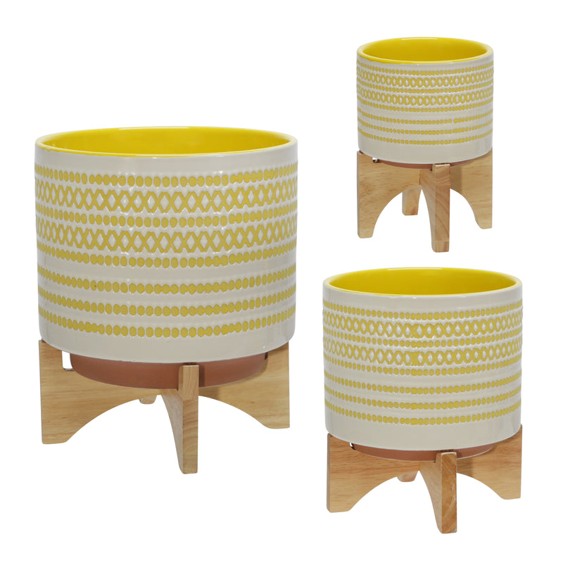 CERAMIC 8" PLANTER ON STAND W/ DOTS, YELLOW