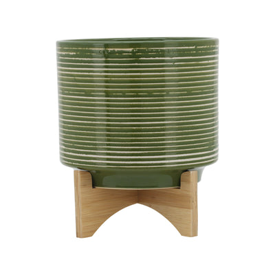 CERAMIC 10" PLANTER ON WOODEN STAND, OLIVE