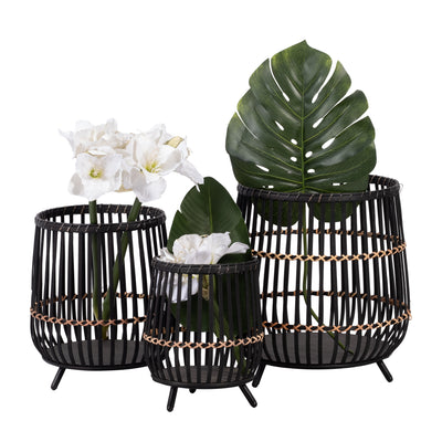 S/3 BAMBOO FOOTED PLANTERS 17/14/10", BLACK