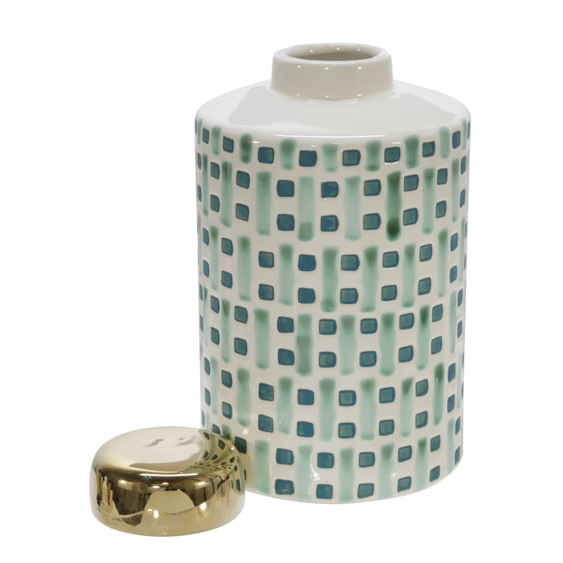 CERAMIC 9" JAR WITH GOLD LID, GREEN/WHITE