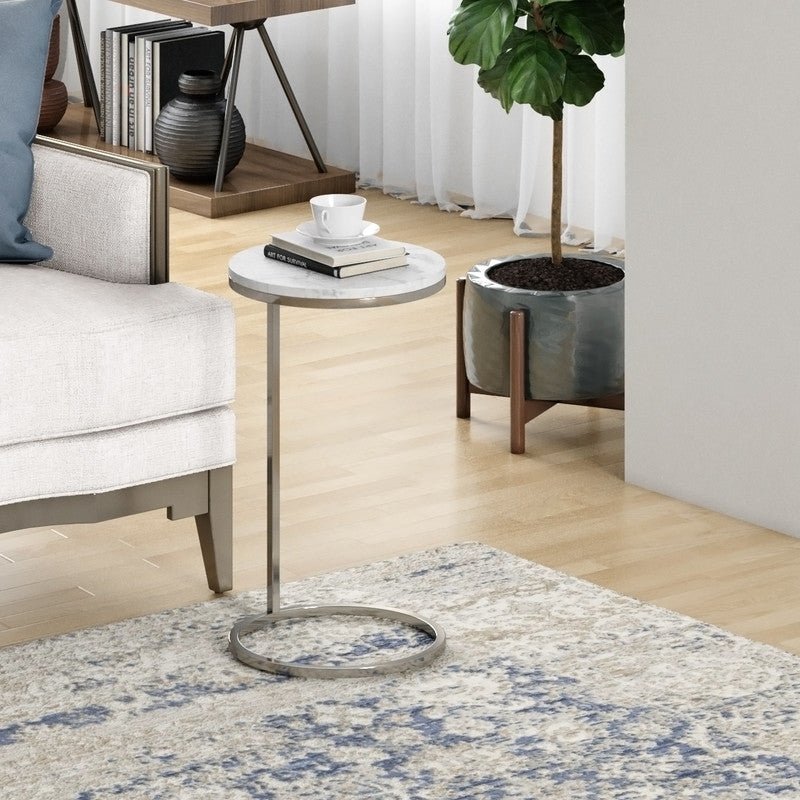 14Inch Plated Nickel Martini Round Table With Carrara Marble Accent & End Tables| Roots Furniture