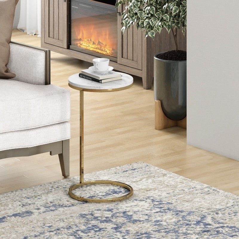 14Inch Shiny Gold Martini Round Table With Carrara Marble Accent & End Tables| Roots Furniture