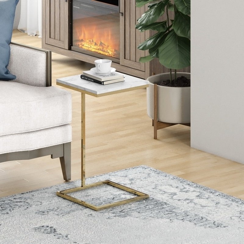 14Inch Shiny Gold Martini Square Table With Carrara Marble Accent & End Tables| Roots Furniture