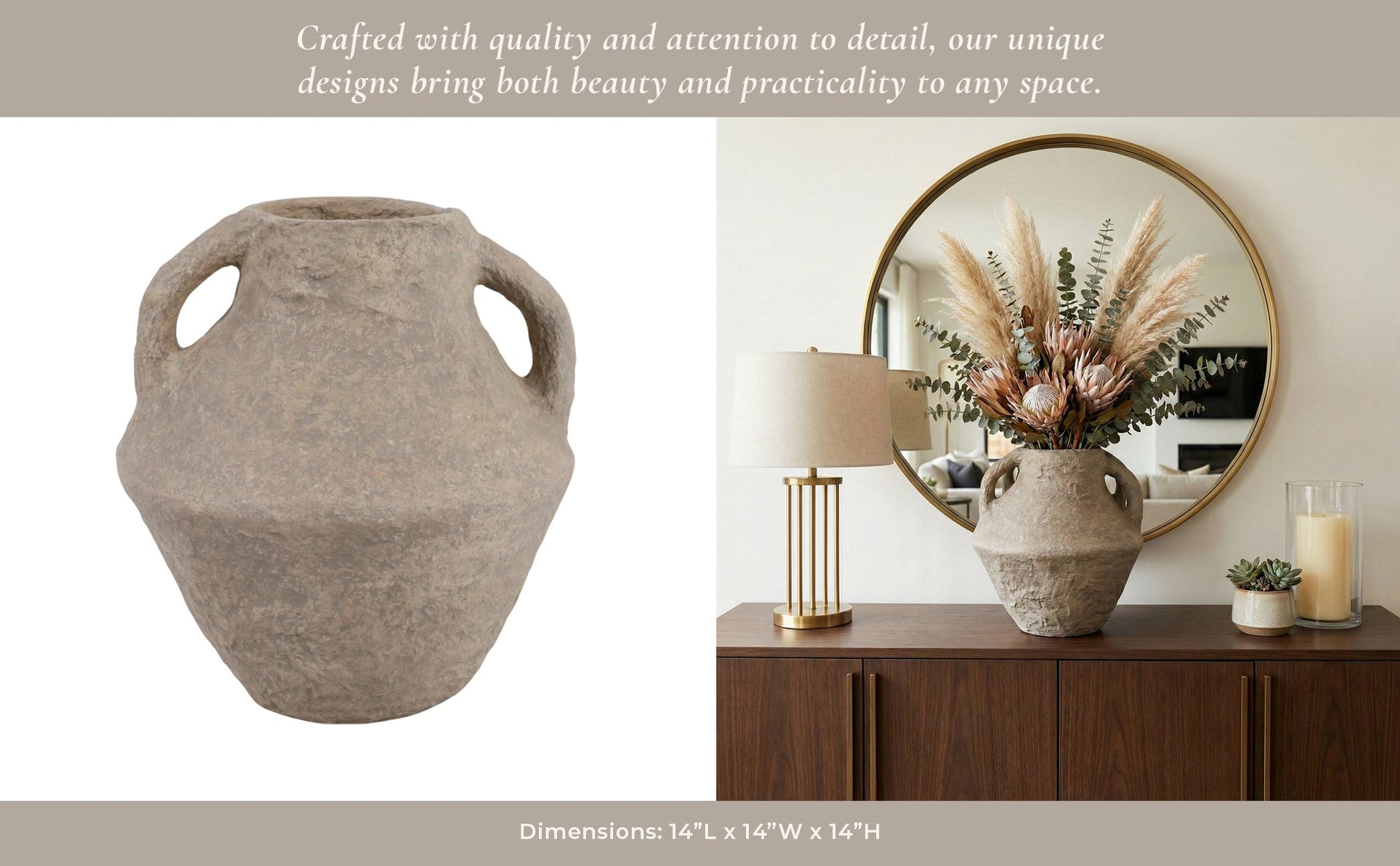 14x14" Paper Mache Vase With Handles, Taupe Vases and Jars| Sagebrook Home