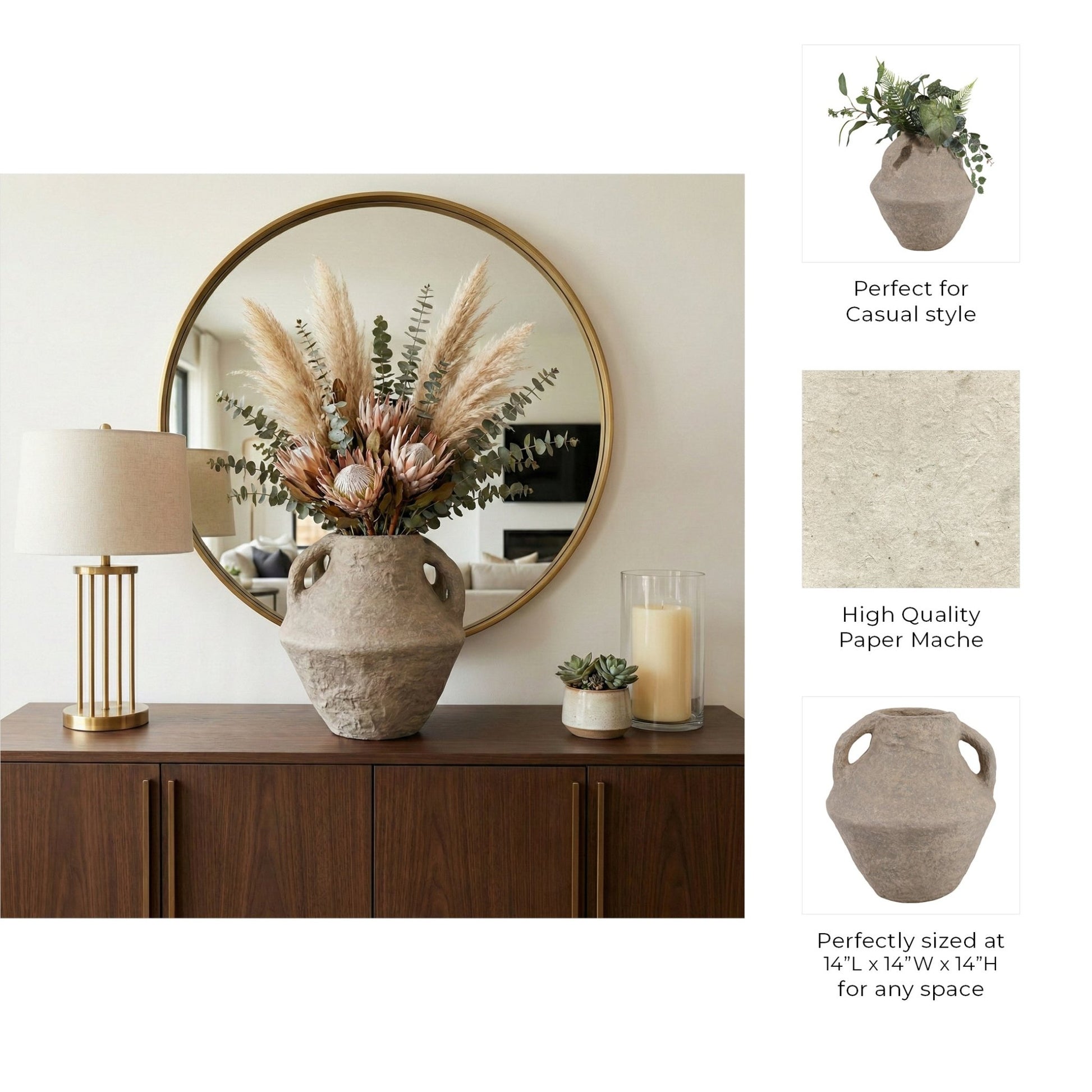 14x14" Paper Mache Vase With Handles, Taupe Vases and Jars| Sagebrook Home