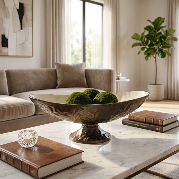 14X7" OVAL PEDESTAL BOWL W/ENAMEL, WHT/BRASS ANTIQ Bowl| Sagebrook Home