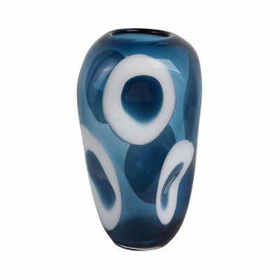 14x8" Curvy Polka Dot Glass Vase, Blue/white - Al Rugaib Furniture