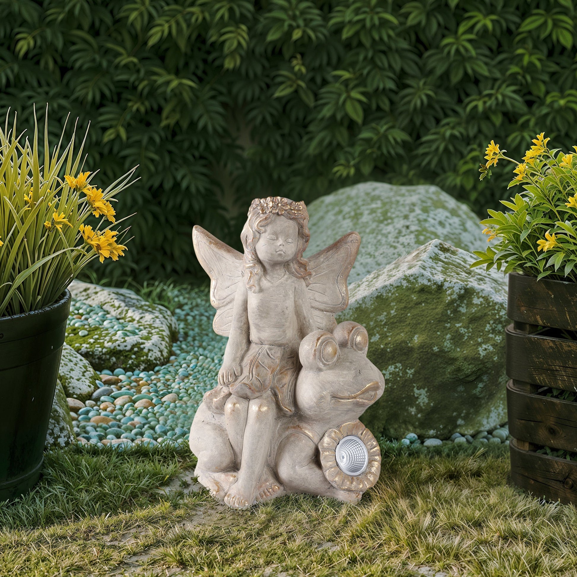 15" Garden Fairy On Solar Frog, Ivory Planter| Sagebrook Home