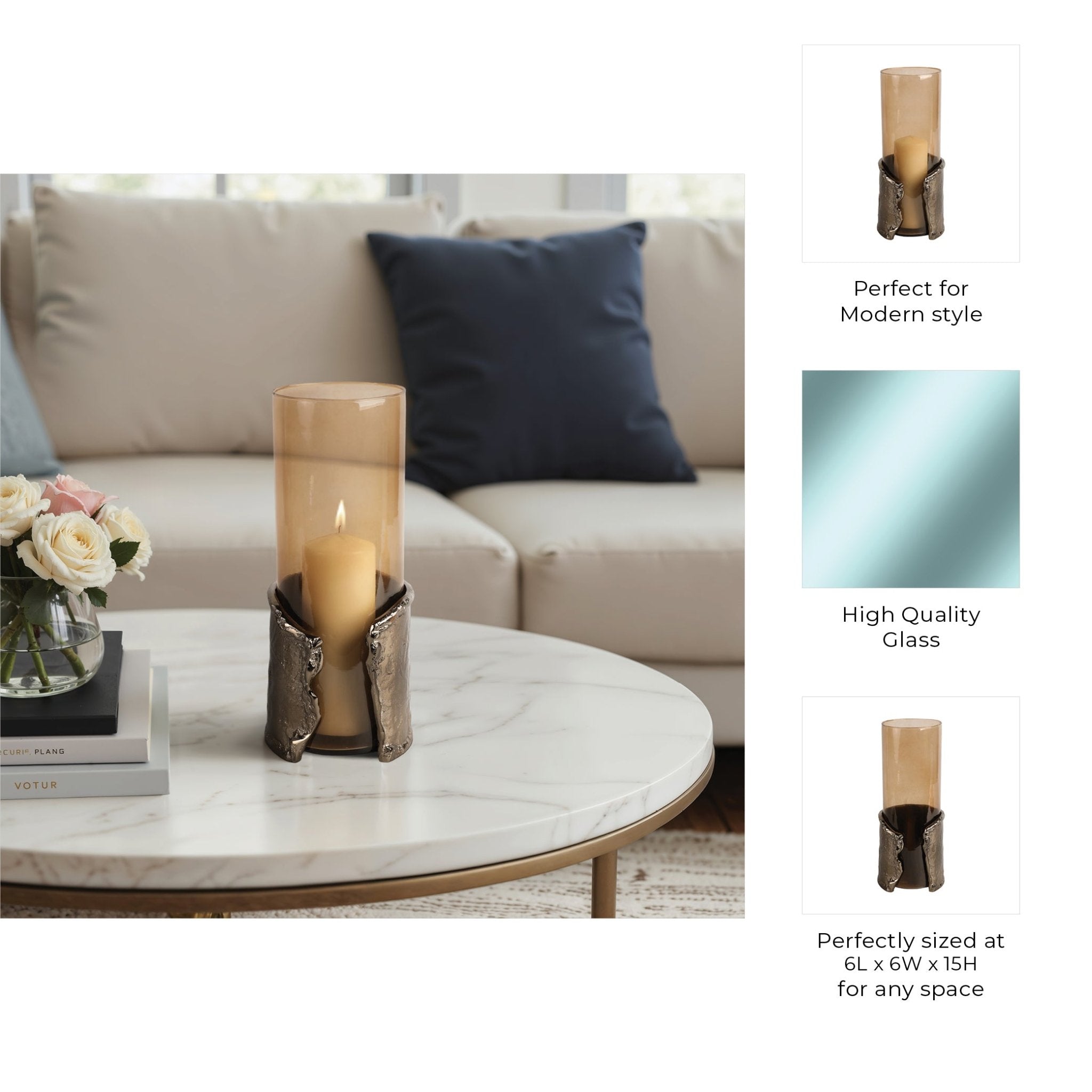15" MAPUTO LG CANDLE HOLDER GLASS, BROWN Candle Holders| Sagebrook Home