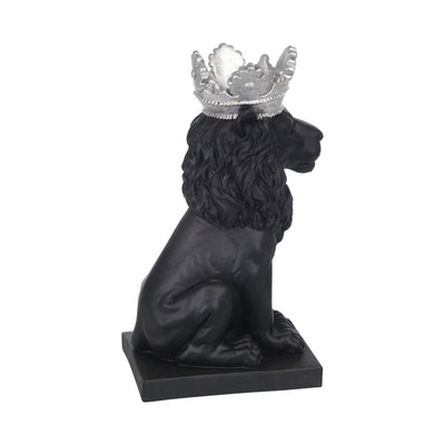 POLYRESIN 8 LION W/ CROWN FIGURINE, BLACK/SILVER