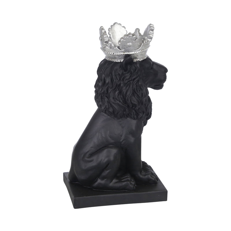 POLYRESIN 8 LION W/ CROWN FIGURINE, BLACK/SILVER