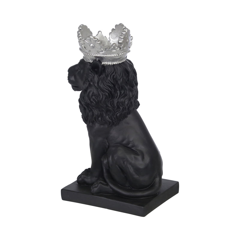 POLYRESIN 8 LION W/ CROWN FIGURINE, BLACK/SILVER