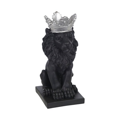POLYRESIN 8 LION W/ CROWN FIGURINE, BLACK/SILVER