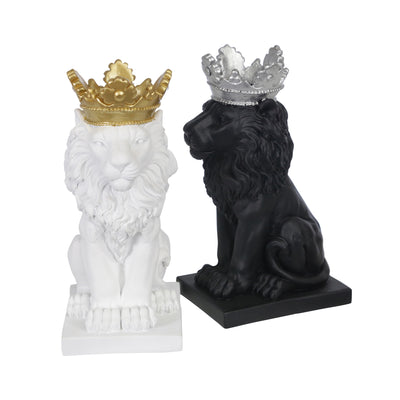 POLYRESIN 8 LION W/ CROWN FIGURINE, BLACK/SILVER